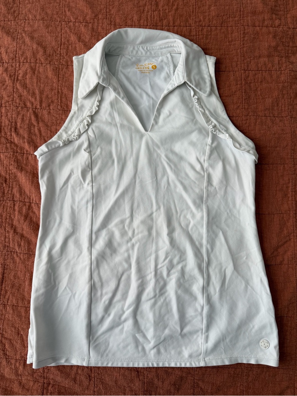 Lilly Pulitzer Luxletic Martina Sleeveless Polo Top S White Ruffle UPF 50 Golf - Picture 2 of 10